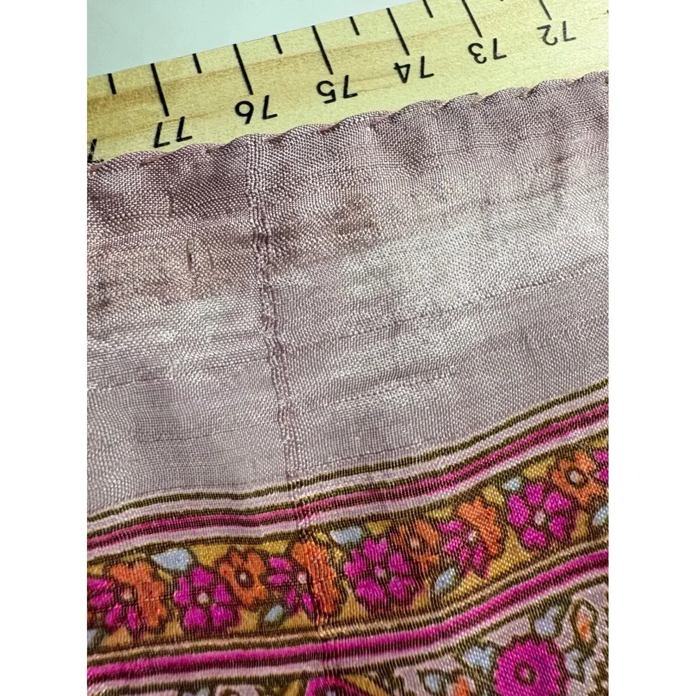 Vintage 100% Pure Silk Scarf Made in India Pink Floral Paisley Hand Rolled 32x32